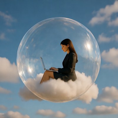 Woman working on laptop in bubble