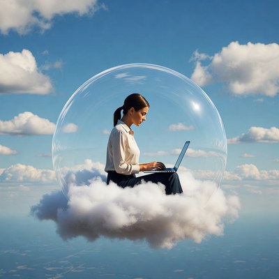 Woman working on laptop in sky bubble