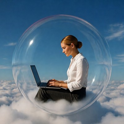 Woman working on laptop in bubble above clouds