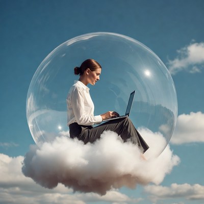 Woman working on laptop in bubble on clouds