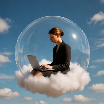 Woman working on laptop in sky bubble