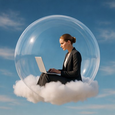 Woman working on laptop in bubble on clouds