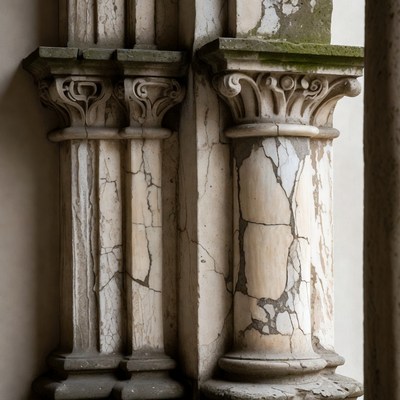 Weathered stone columns with carvings