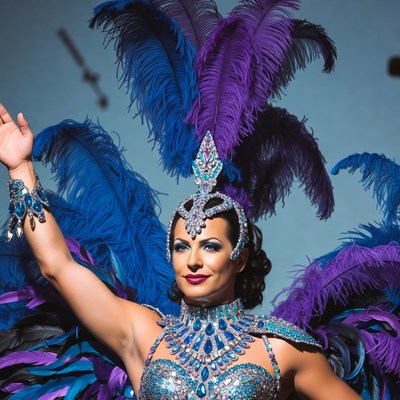 Woman in purple feather headdress