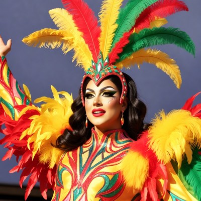Woman in colorful feathered Carnival costume