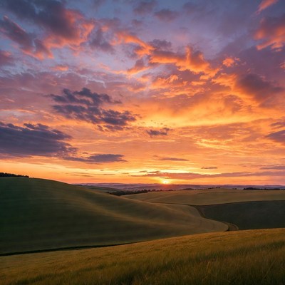 Sunset over rolling green hills