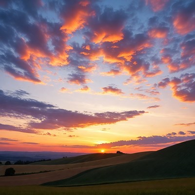 Sunset over rolling green hills