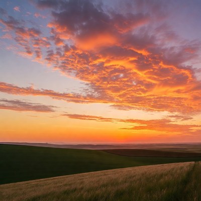 Vibrant Sunset Over Green Rolling Hills