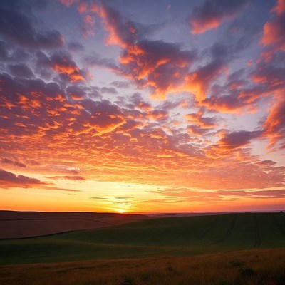 Vibrant Sunset Over Rolling Green Hills