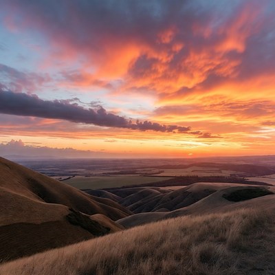 Sunset over rolling hills landscape