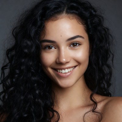 Smiling woman with curly black hair
