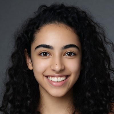 Smiling young woman with curly black hair