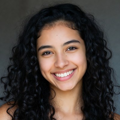 Smiling woman with curly black hair