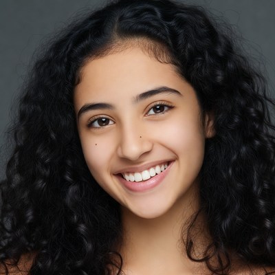 Smiling young woman with curly black hair