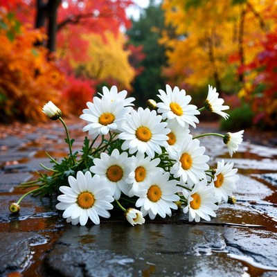 White Daisies on Wet Autumn Path