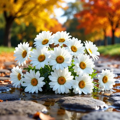 Bouquet of White Daisies on Autumn Path