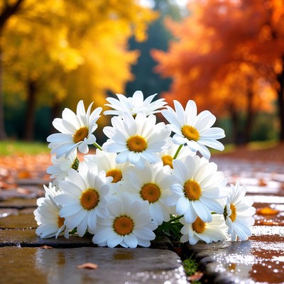 White Daisies on Wet Path with Autumn Trees