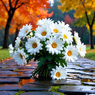 White Daisies Bouquet on Wet Path
