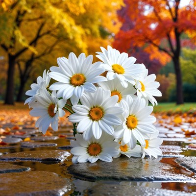 White Daisies on Wet Path with Autumn Leaves