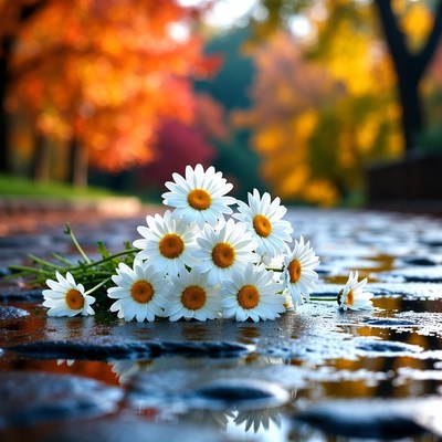 Daisies on Wet Path with Autumn Trees