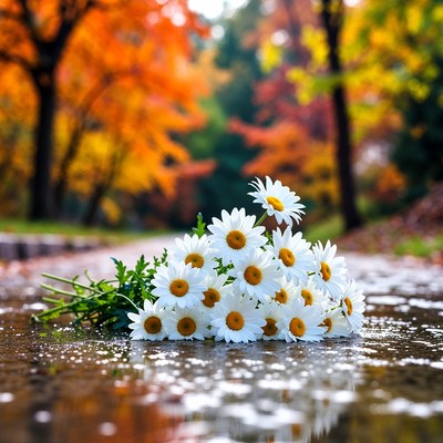 White Daisies on Autumn Puddle Path