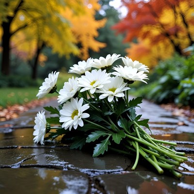 White Daisies Bouquet on Wet Autumn Path