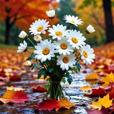 White Daisies Bouquet on Autumn Leaves