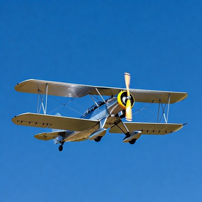 Silver Biplane Flying in Blue Sky