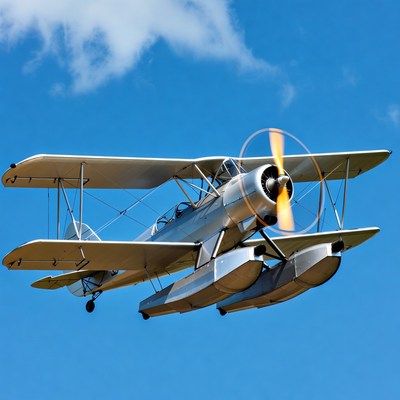 Silver Seaplane Flying in Blue Sky