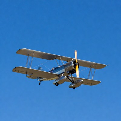 Silver Biplane Seaplane Flying Sky