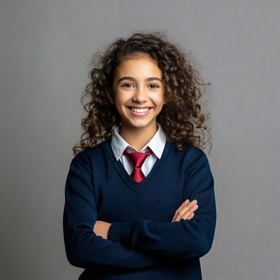 Smiling girl in school uniform arms crossed