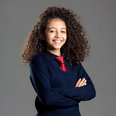 Smiling girl in school uniform with curly hair