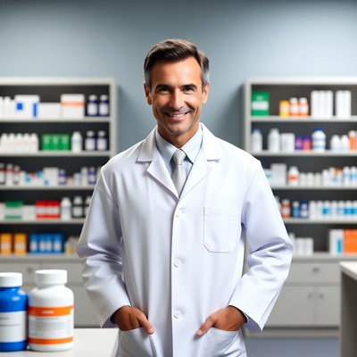 Smiling male pharmacist in lab coat