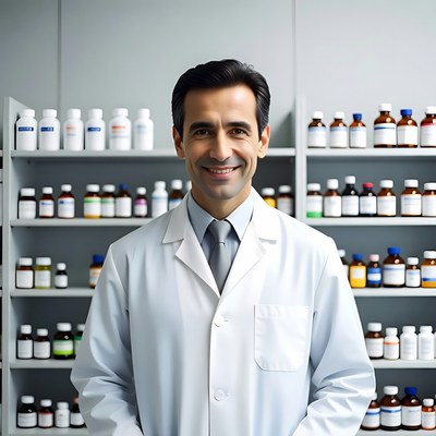 Smiling male pharmacist in lab coat