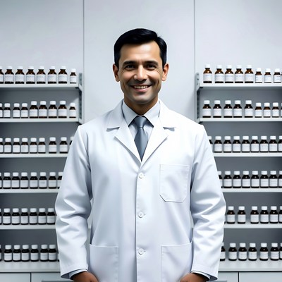 Smiling male doctor with medicine bottles