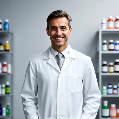 Smiling male pharmacist in lab coat