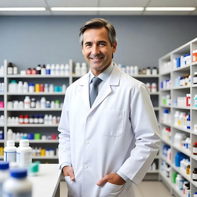 Smiling male pharmacist in pharmacy