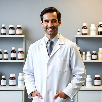 Smiling male doctor in pharmacy