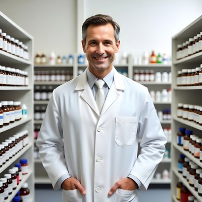Smiling male pharmacist in lab coat