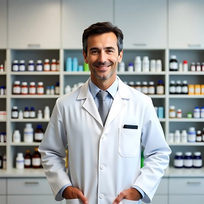 Smiling male pharmacist in lab coat