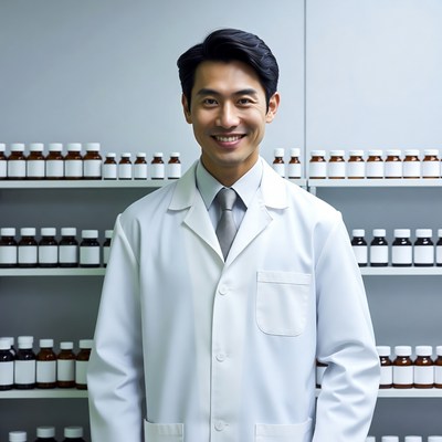 Asian male pharmacist in lab coat