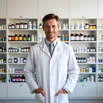 Smiling male pharmacist in lab coat
