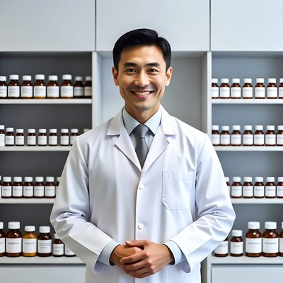 Asian male doctor in lab coat smiling