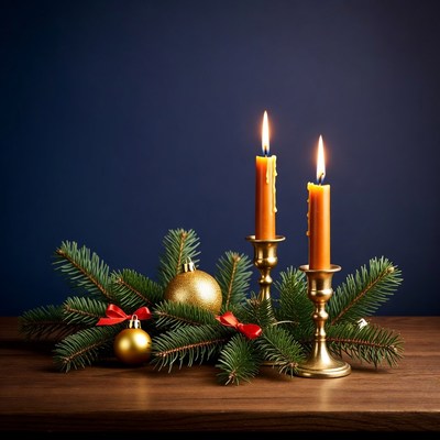 Christmas Candles with Pine Branches and Ornaments