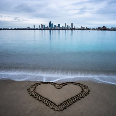 Heart drawn in sand with city skyline