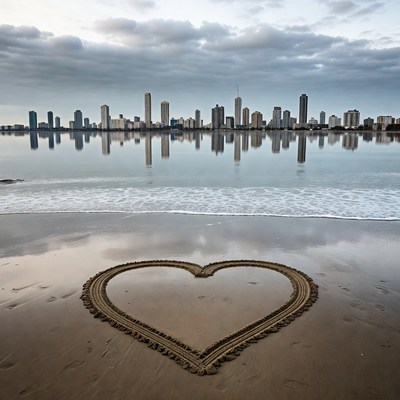 Heart Shape in Sand with City Skyline Reflection