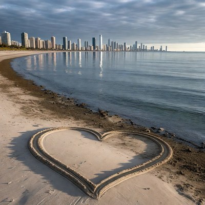 Heart Shape in Sand by City Skyline