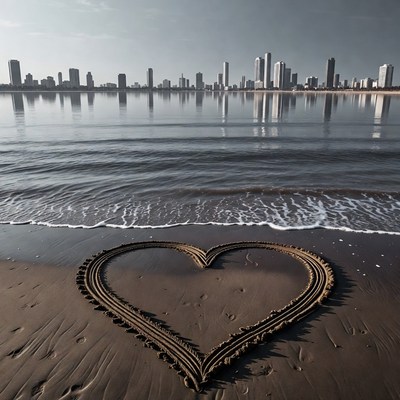 Heart drawn in sand by city skyline