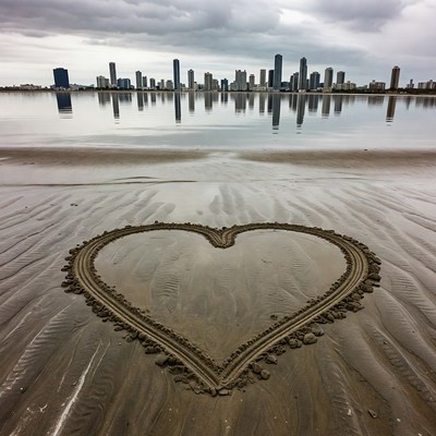 Heart drawn in sand with city skyline reflection