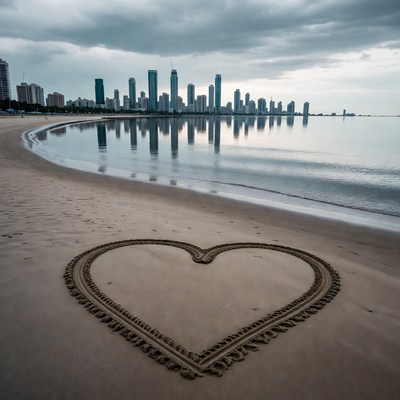 Heart drawn in sand with city skyline